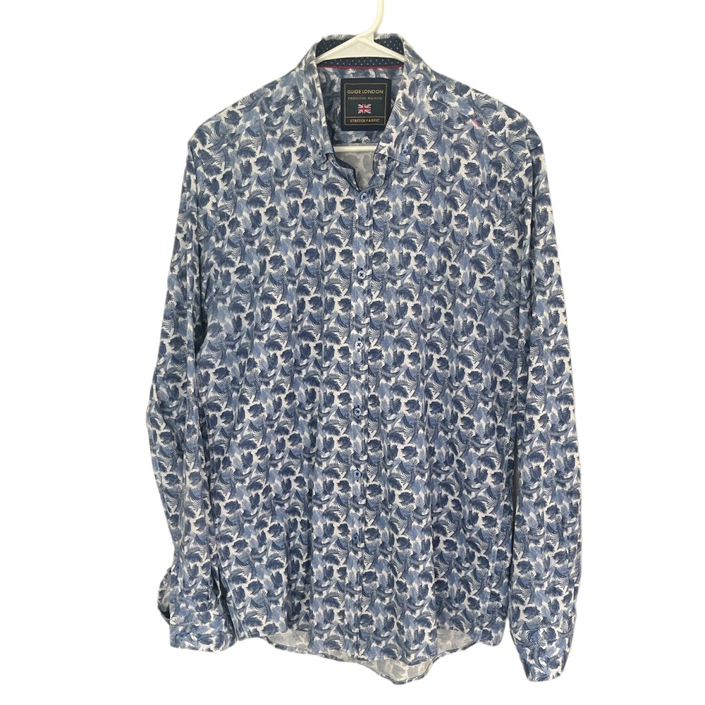 Guide London Button Down Dress Shirt Stretch Feather Blue Large